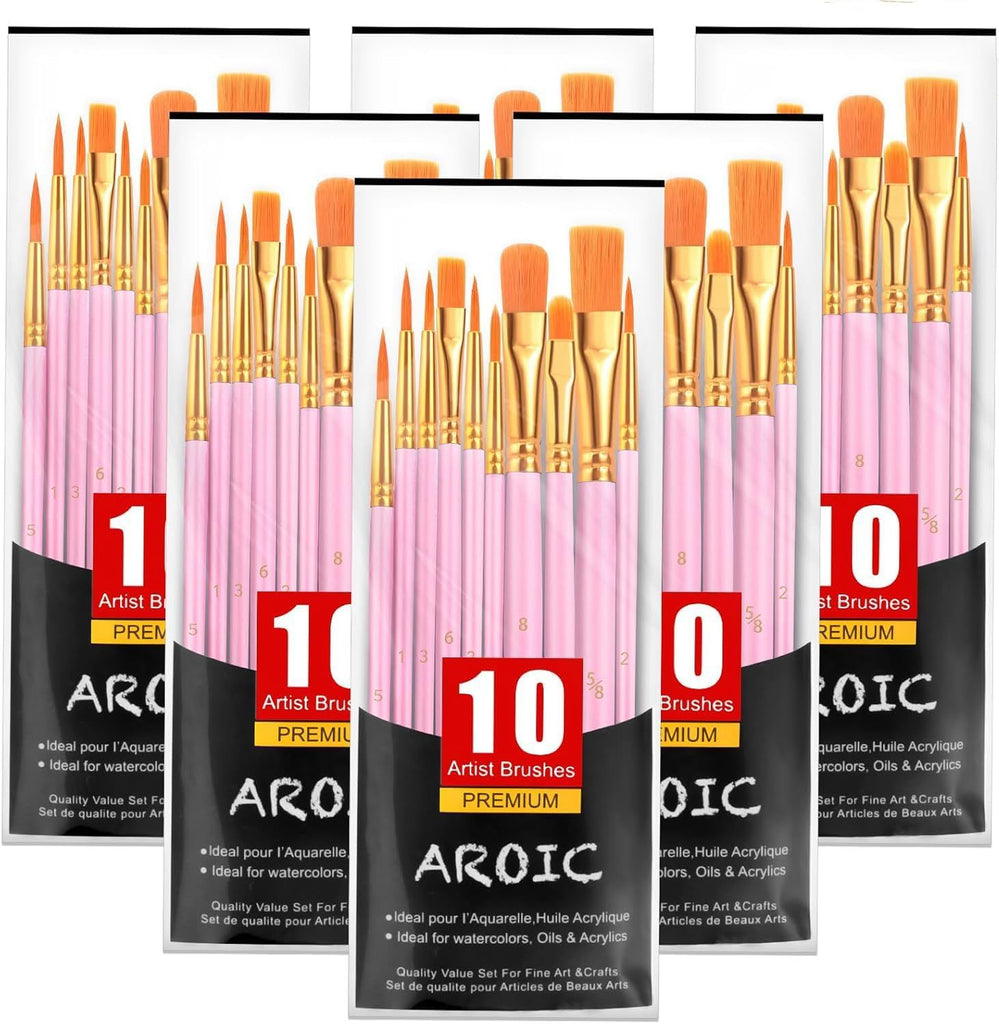 Acrylic Paint Brushes, 6 Packs/60 pcs Nylon Hair Paint Brush Set for All Purpose Oil Watercolor Painting Artist Professional Kits (Pink)