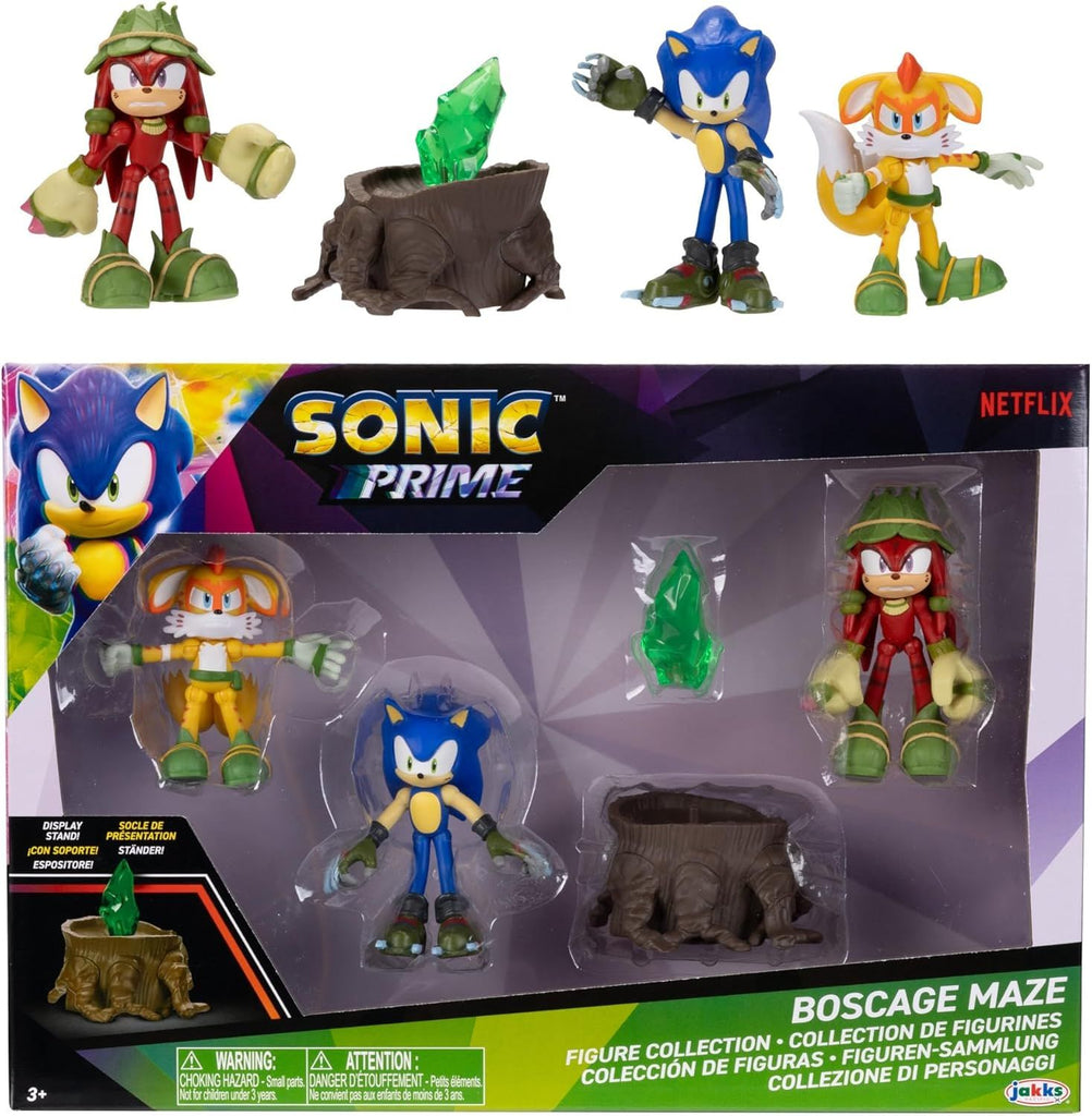 Action Figures Bos Cage Maze Themed 5 Pieces: Sonic, Gnarly Knuckles, Mangey Tails, Tree Stump and Green Shard. Ages 3+