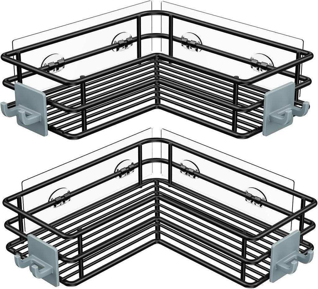 Adhesive Corner Shower Caddy Shelf Basket Rack with Hooks, Rust Proof Stainless Steel Bathroom Shelf Shampoo Holder No Drilling (Black)
