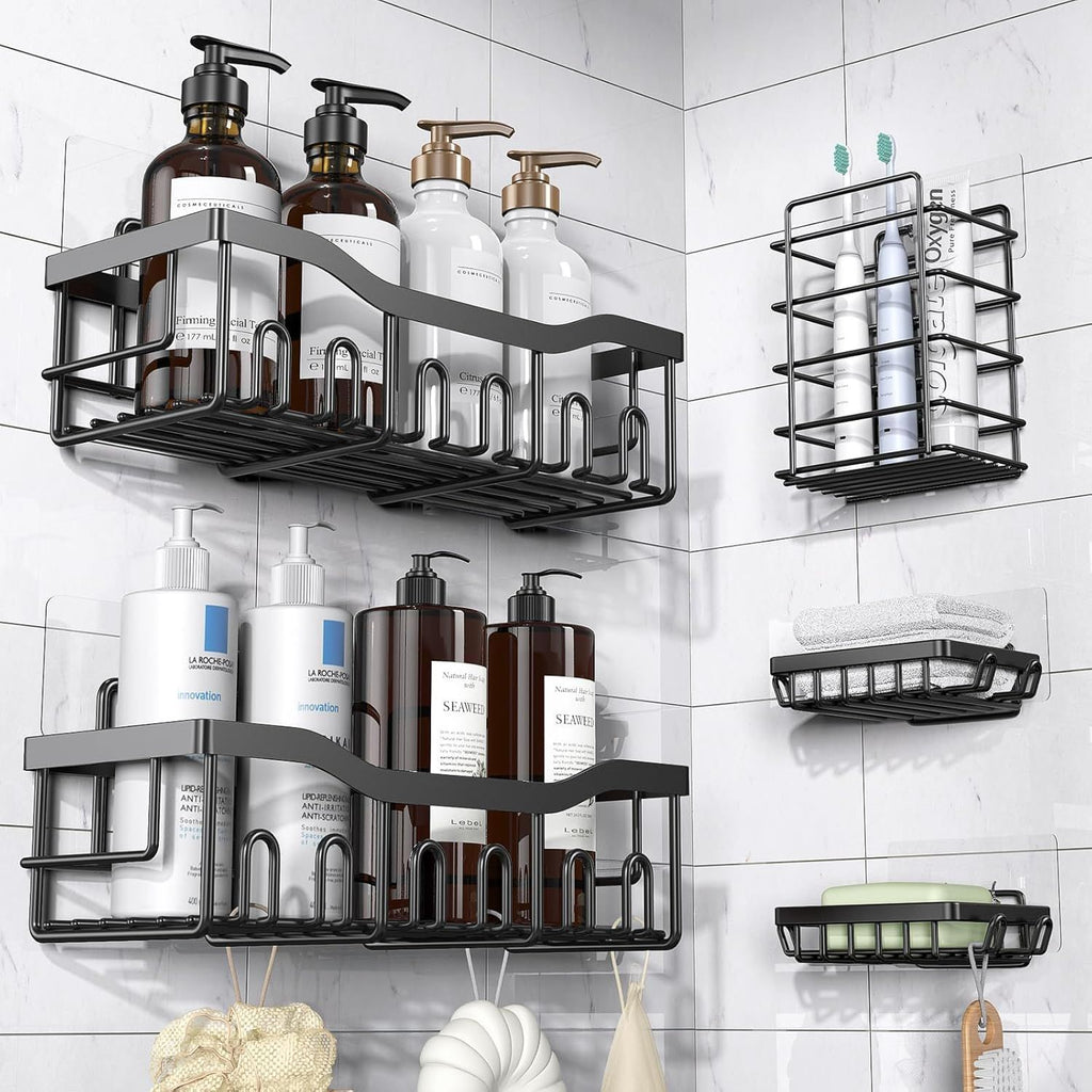 Adhesive Shower Caddy 5 Pack Rustproof Stainless Steel Bath Organizers With Large Capacity, No Drilling Shelves for Bathroom Storage & Home Decor