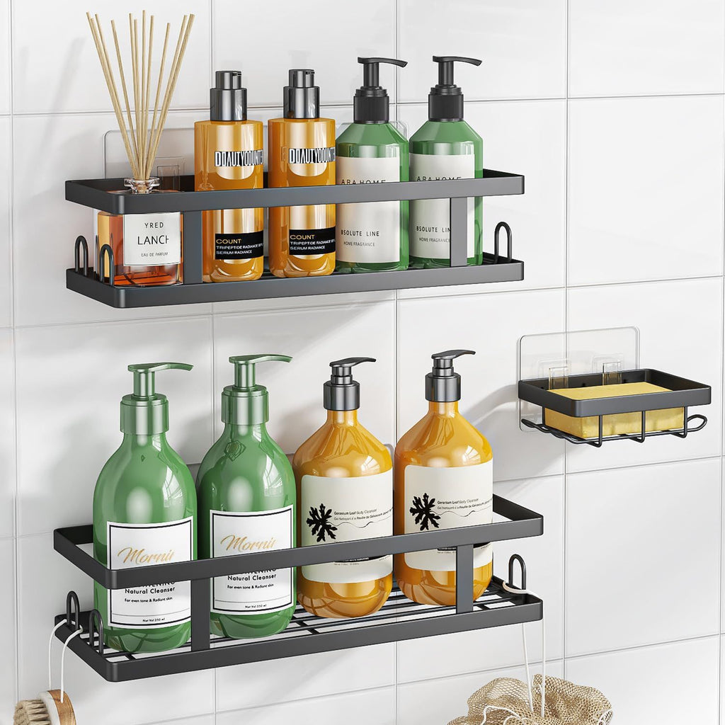 Adhesive Shower Caddy,Shower Shelves with Soap Holder and 12 Hooks,Rustproof No Drilling Bathroom Organizer and Storage,Black,3 Pack