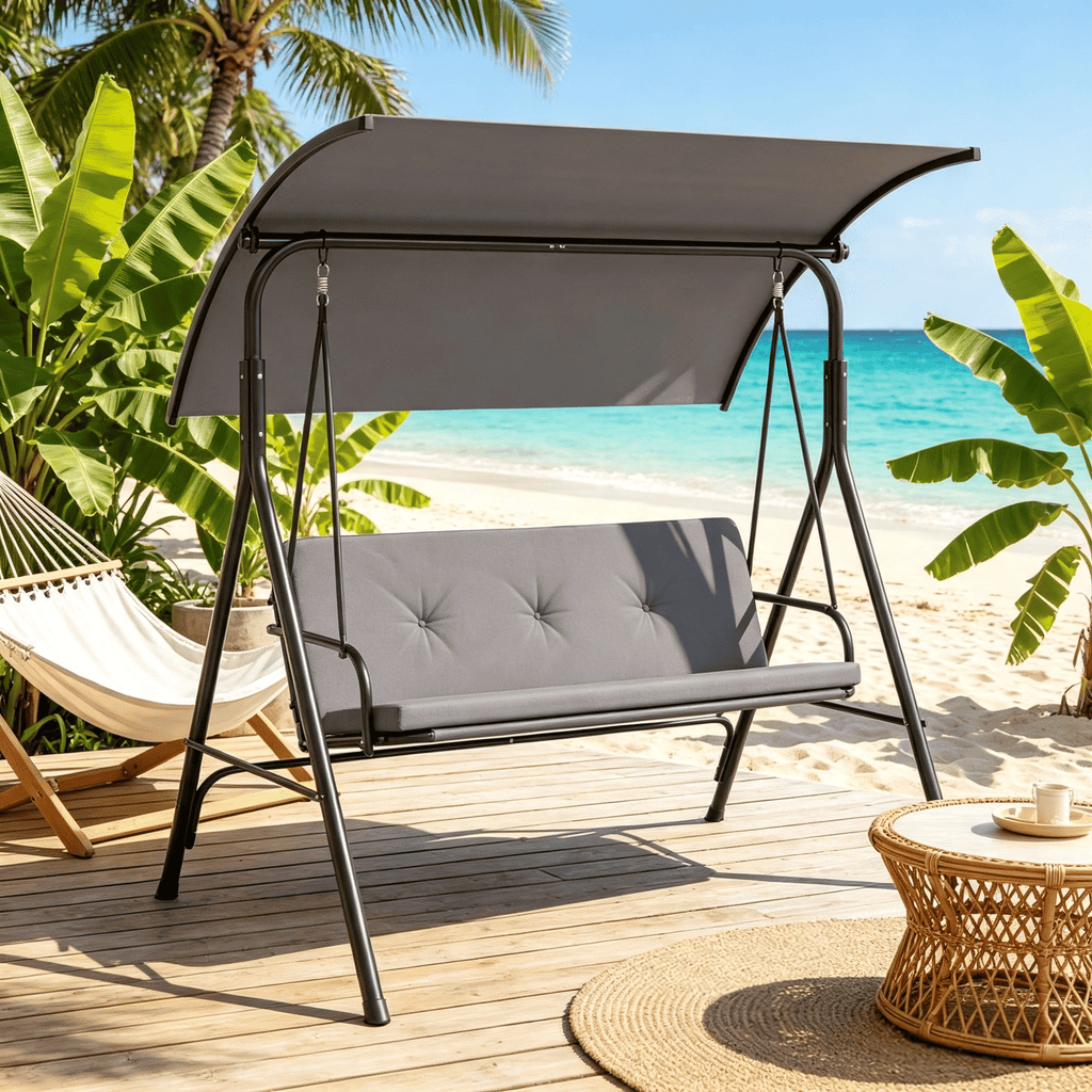 Adjustable Canopy Patio Swing Chair with Removable Cushion And Metal Stand Outdoor Swinging Seating for Backyard Garden