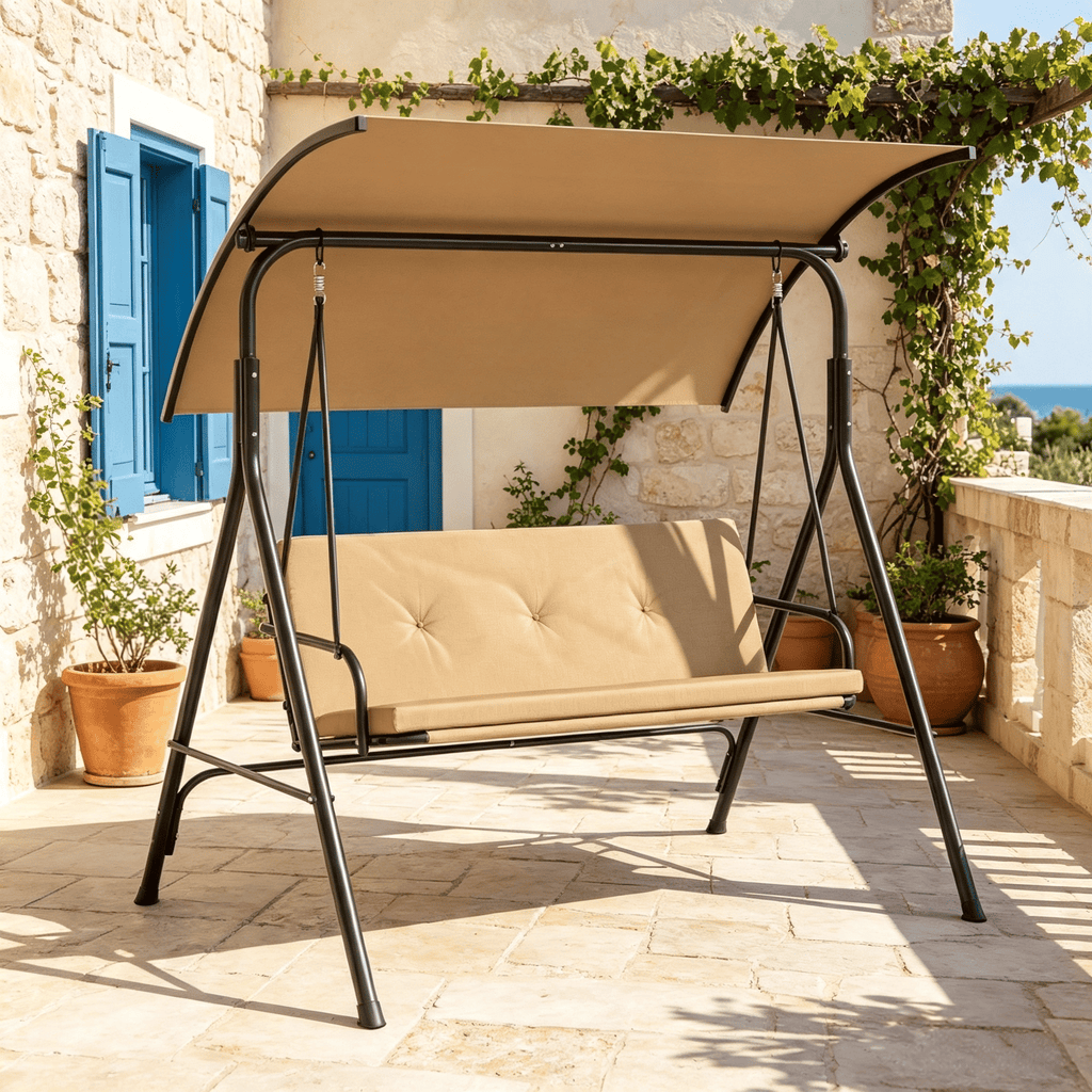 Adjustable Canopy Patio Swing Chair with Removable Cushion And Metal Stand Outdoor Swinging Seating for Backyard Garden