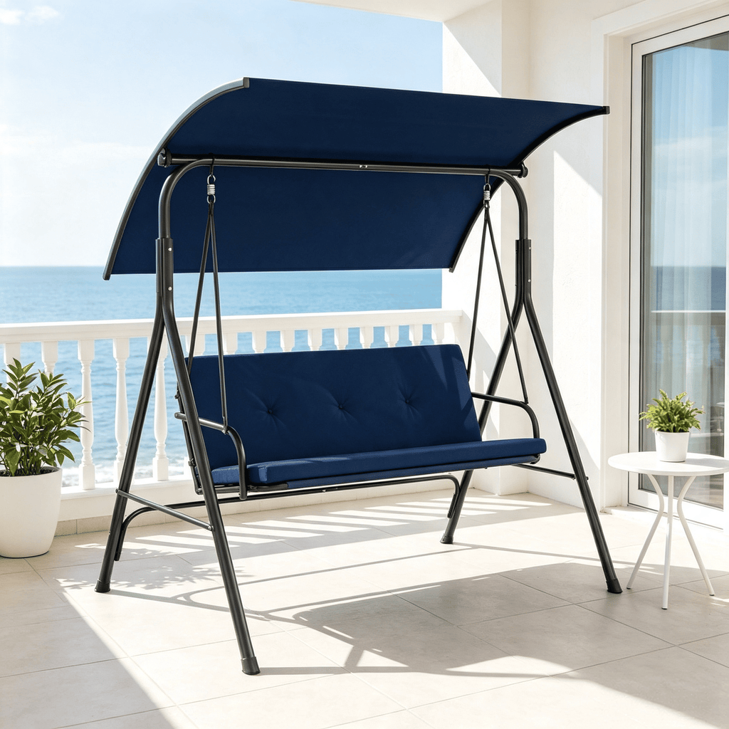 Adjustable Canopy Patio Swing Chair with Removable Cushion And Metal Stand Outdoor Swinging Seating for Backyard Garden