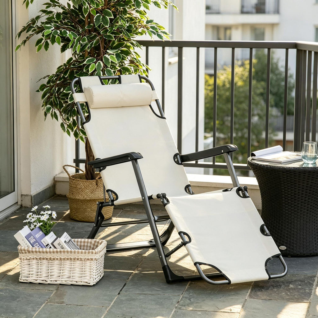 Adjustable Folding Chaise Lounge Chair 2-in-1 Tanning Bed with Pillow And Pocket Cream White for Beach Patio Lawn Deck Outdoor Use