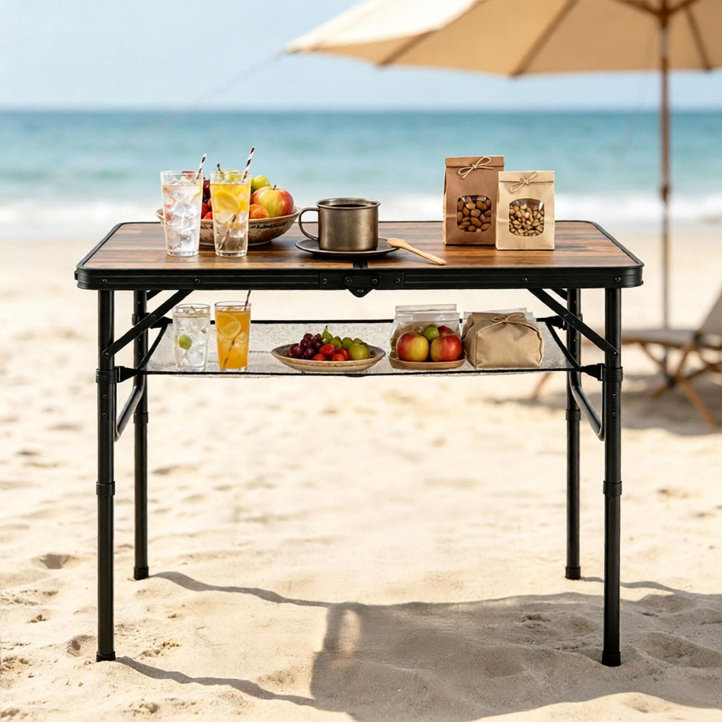 Adjustable Height Folding Camping Table with Storage Net And Handle Portable Outdoor Picnic Tabl