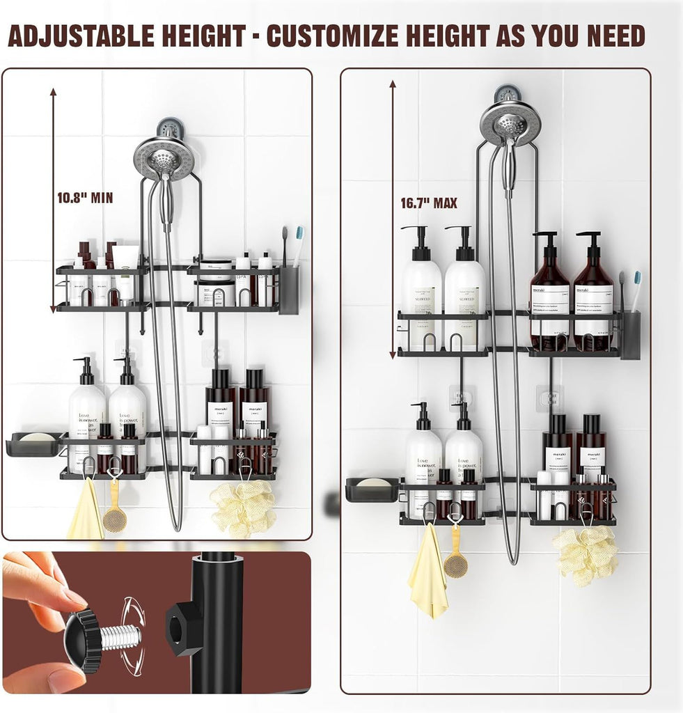 Adjustable Shower Caddy Hanging Rustproof Shower Caddy for Handheld Showerheads, Shower Organizer with Hooks Soap Holder Toothbrush Holder, Anti-Swing Shower Rack Bathroom Accessories, Black