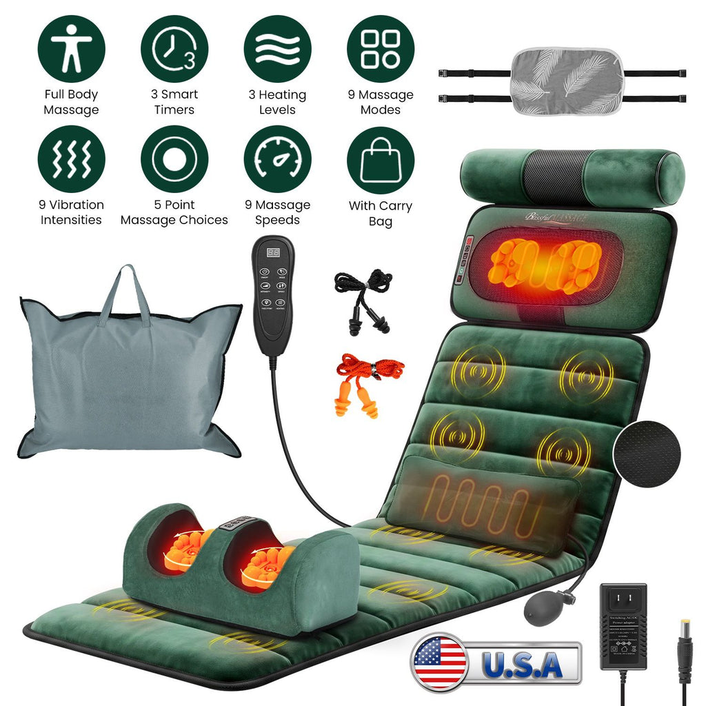 Advanced Version Full Body Electric Massage Mat Heating Vibration Massage Pad Cushion Back Massage Mattress Chair Pad with Neck Foot Massage Head Pillow and Cloth Lumbar Pillow Timer Anti-Slip Bottom