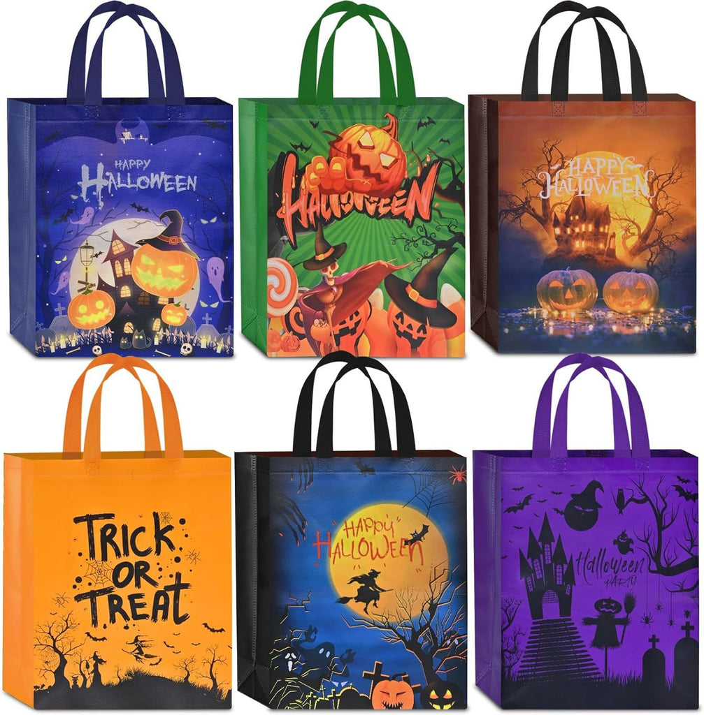 AhfuLife 6 Pcs Halloween Trick or Treat Bags, Large Candy Tote Bags with Handles, Reusable Non-Woven Gift Bag for Halloween Party Supplies Favors (15×11.8×3.9'')