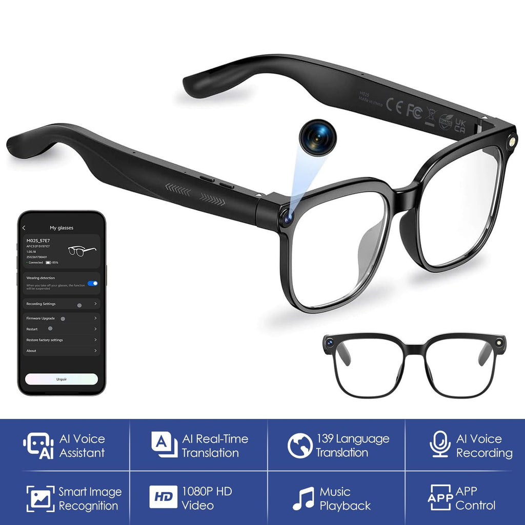 AI Smart Glasses with Camera and Audio 8MP HD1080P Real Time Translation 139 Languages Voice Assistant AI Photo Recognition Music Playback & Hands-Free Calling for Travel Meeting Vlog