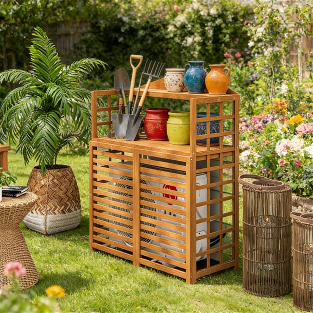 Air conditioning fence privacy screen, wooden air conditioning fence, potted table, storage desk, light brown