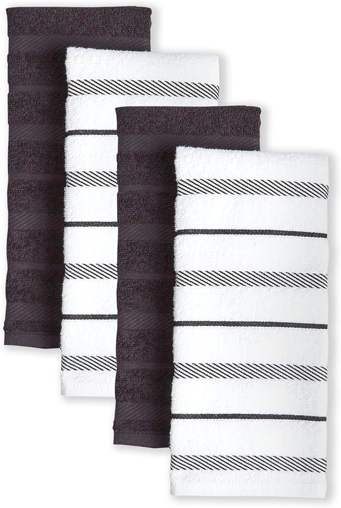 Albany Kitchen Towel 4-Pack Set, Matte Black/White, 16"x26"