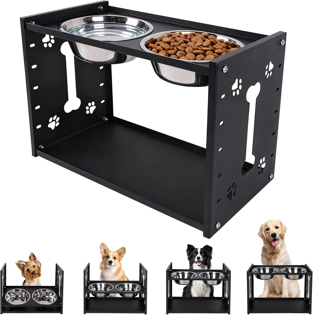 All-Metal Elevated Dog Bowls, Heavy Duty Cold-Rolled Steel Frame, 6-Height Adjustable Raised Feeder Stand with 2 Stainless Steel Bowls, Anti-Slip Rubber Feet for All Breeds (2.5"-12.2")