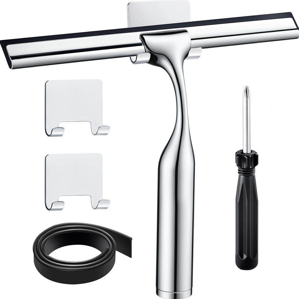 All-Purpose Shower Squeegee for Glass Doors Bathroom Cleaner Tool Car Window Mirror Tile Wall Windshield Household with 2 Hooks and 2 Rubber Strips