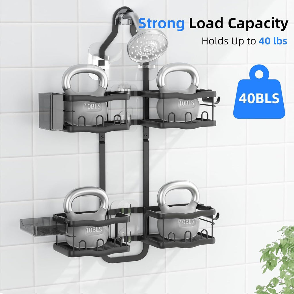 Aluminum Alloy Shower Caddy Hanging, No Drilling Over the Shower Head Caddy, 2 Levels Showers Rack Organizer with Hooks, Razor Holder, Soap Holder
