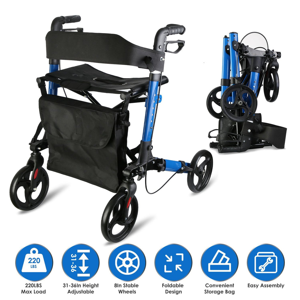 Aluminum Rollator Walker with Seat Backrest Foldable Rolling Walker with 220LBS Max Load 31-36in Adjustable Height 8in Wheels for Seniors Adult Mobility GPCT5252