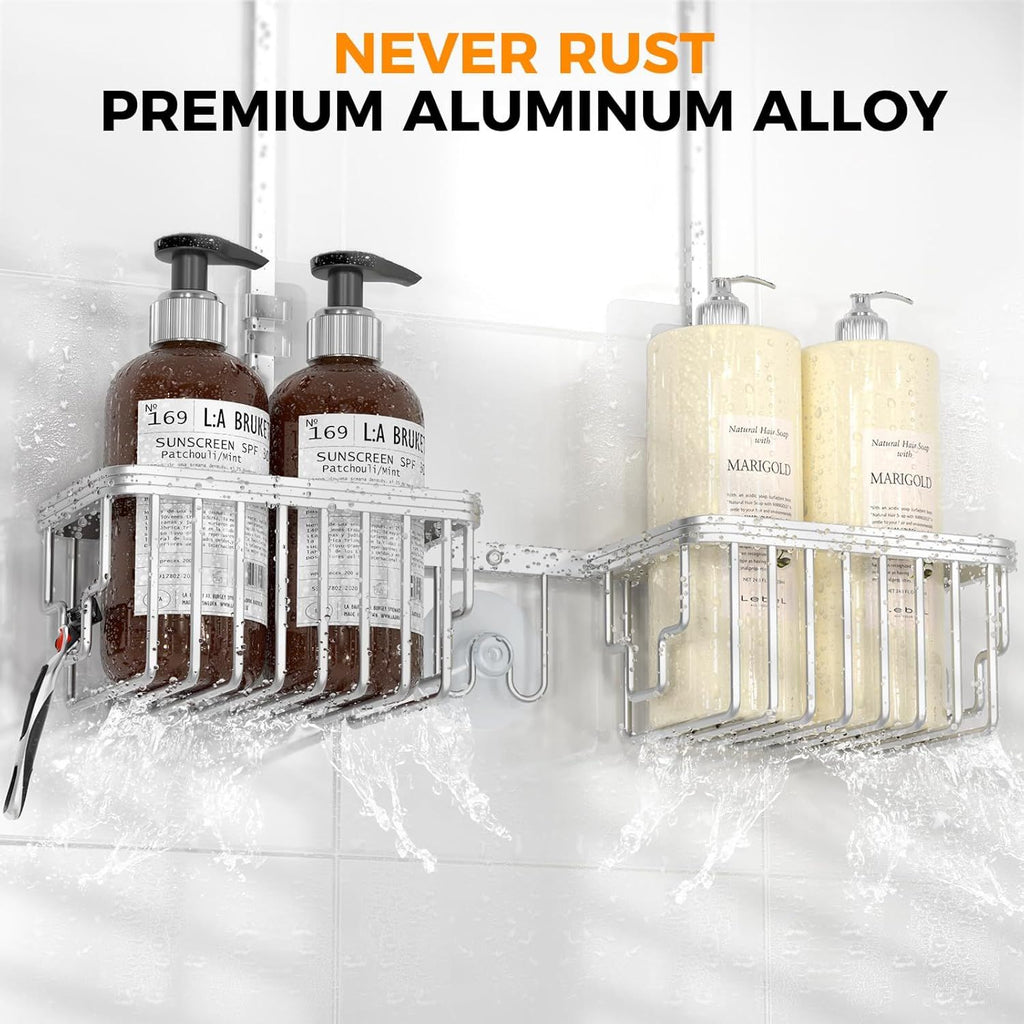 Aluminum Shower Caddy Hanging Adjustable Shower Caddy, Rustproof Hanging Shower Organizer with Hooks Soap Holders, Over Shower Head Caddy for Handheld Showerhead, Silver