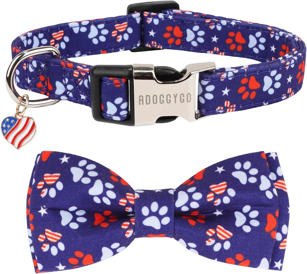 American Flag Dog Collar with Detachable Bowtie, Adjustable 4th of July Patriotic Collars for Small Medium Large Dogs Pets (Small)