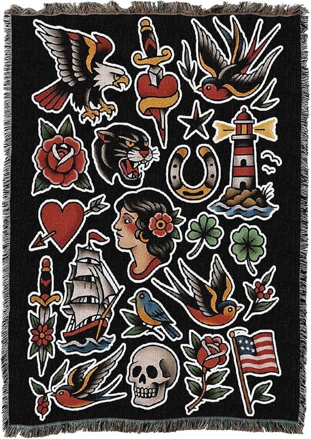 American Traditional Flash - Tattoo Design - Tapestry Throw Blanket Woven from Cotton - Made in The USA (50x60)