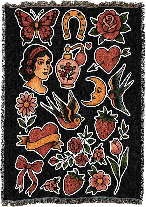 American Traditional Flash Red - Tattoo Design - Tapestry Throw Blanket Woven from Cotton - Made in The USA (50x60)