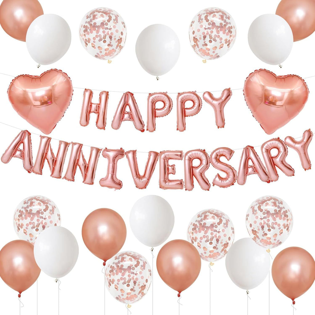 Anniversary Decorations RoseGold,Happy Anniversary Foil Balloon Banner with Confetti,Latex,Foil Heart Balloons for Celebrations Surprise Events Romantic Night Weddings