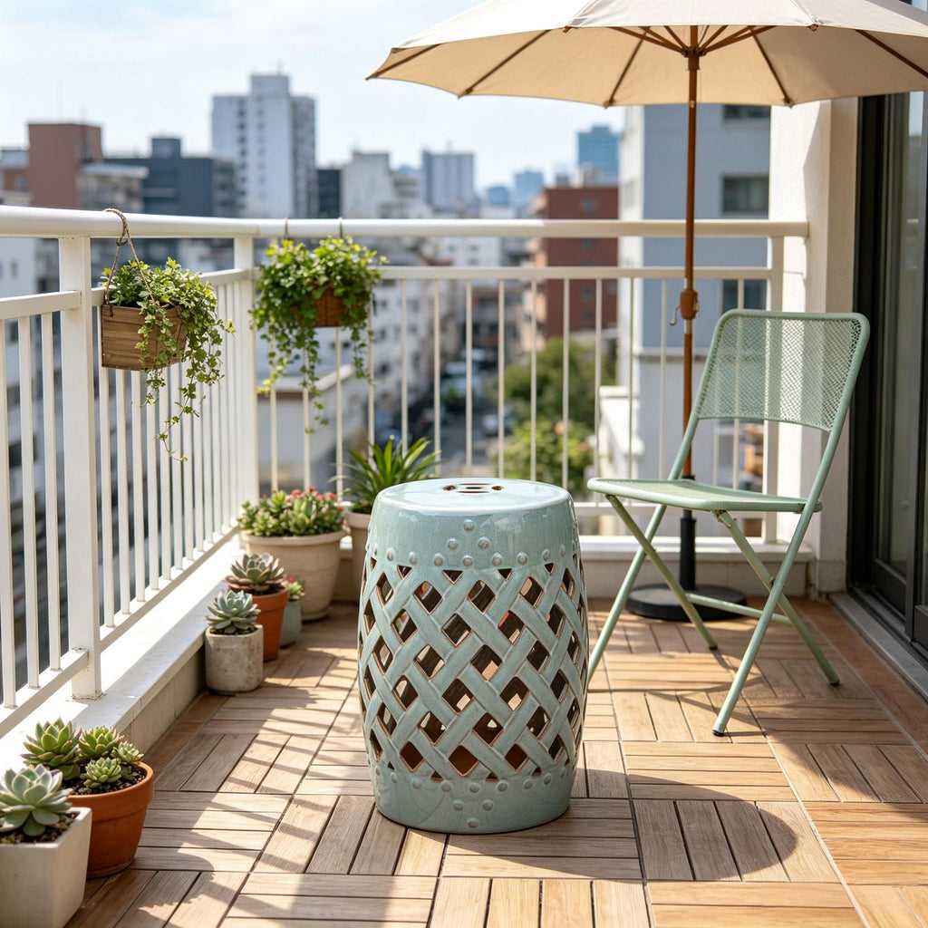 Antique Blue 13" X 18" Ceramic Garden Stool Decorative End Table with Woven Lattice Design Glazed Strong Materials