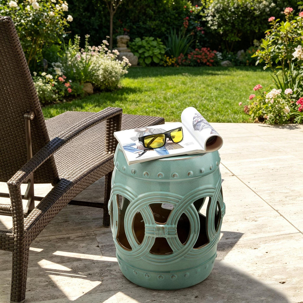 Antique Blue 14" X 17" Ceramic Garden Stool with Double-Coin Knotted Ring Design Strong Glazed Decorative End Table Home Collection