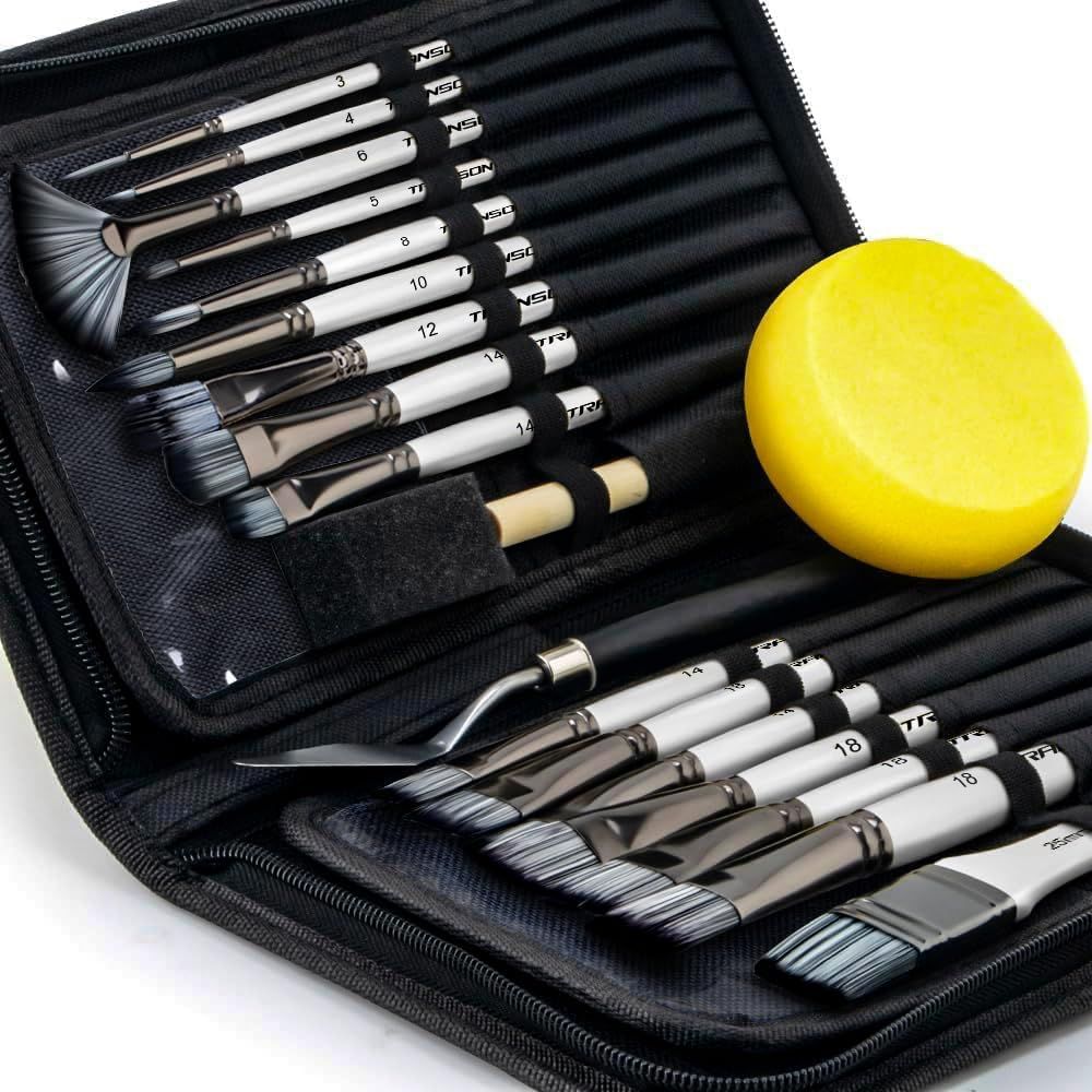 Art Paint Brush Kit 16 Paint Brushes with Foam Brush Sponge Spatula and Art Case for Oil, Acrylic, Watercolor, Gouache, Painting