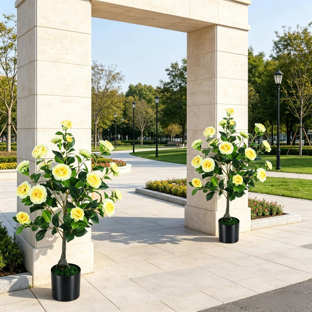 Artificial Camellia Tree Faux Flower Plant Cement-Filled Pot Durable Fake Camellia for Home Decor-There is only one.