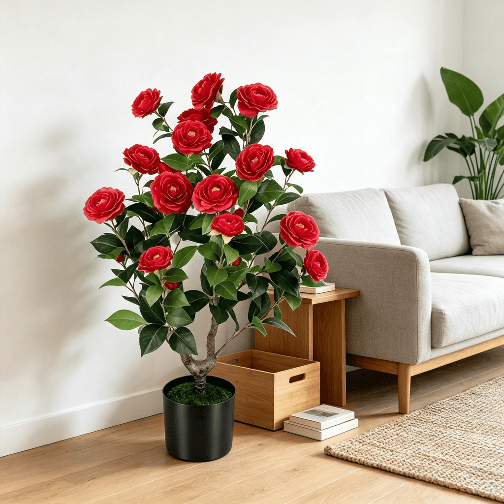 Artificial Camellia Tree Faux Flower Plant Cement-Filled Pot Durable Fake Camellia for Home Decor