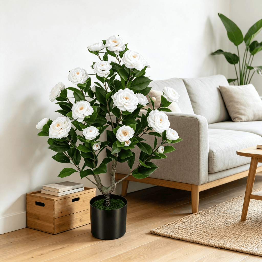 Artificial Camellia Tree Faux Flower Plant Cement-Filled Pot Durable Fake Camellia for Home Decor