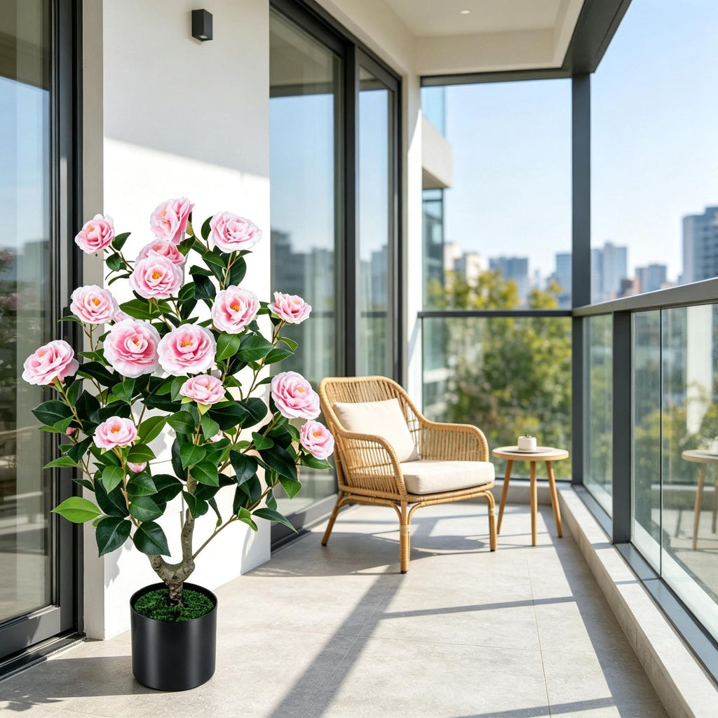 Artificial Camellia Tree Faux Flower Plant Cement-Filled Pot Durable Fake Camellia for Home Decor