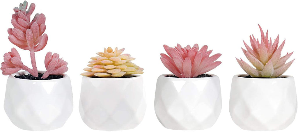Artificial Faux Succulents in Pots, Pink Fake Plants Ceramic Arrangement Planter for Women Desk Small Tiny Decoration for Home Office Desk Window 4 Set, Pink