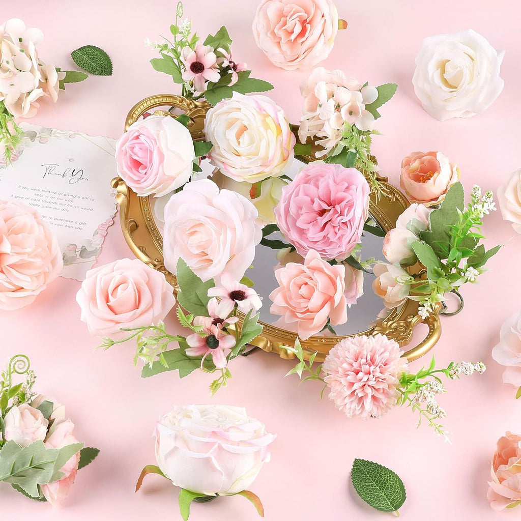 Artificial Flowers Combo Fake Flowers Pink Roses Silk Flowers with Stems for DIY Bridal Wedding Bouquets Centerpieces Arrangements Table Party Baby Shower Home Decor