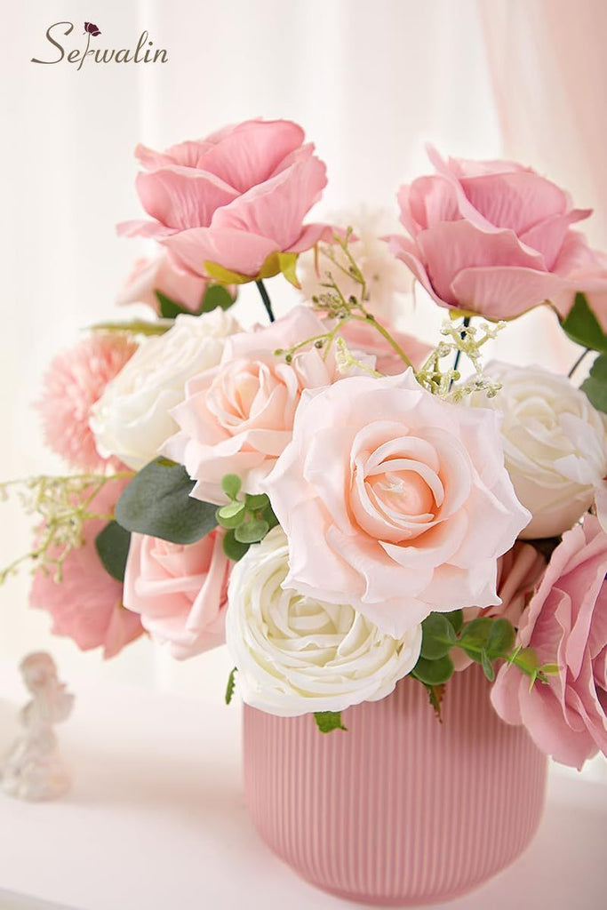 Artificial Flowers Fake Silk Flowers for DIY Wedding Bouquets Cake Decoration Mixed Roses Combo Blush Pink and White Flower Centerpieces Arrangements for Party Table Chair Decor
