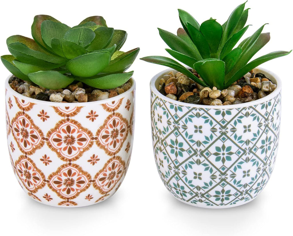 Artificial Plants Succulent Flowers in Ceramic Planter 2 Pack Small Fake Plants Potted for Home Office Desk Decor Farmhouse Living Room Bedroom Shelves Decoration