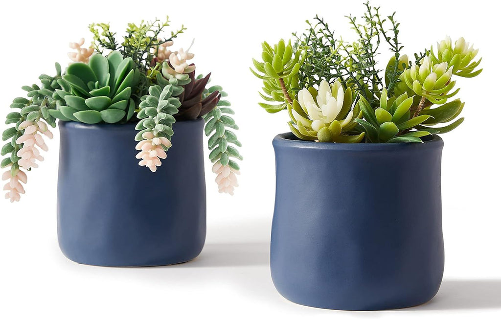 Artificial Succulent in Ceramic Pots, 2 Packs Large Faux Fake Plants Navy Blue for Desk,Office, Bedroom, Living Room, Bathroom Office Shelf Home Décor