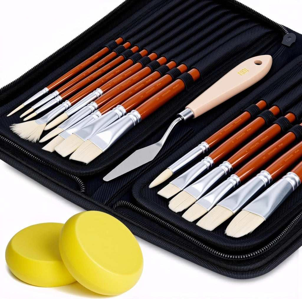 Artist Paint Brush Set (15pc) - Short Handle Hog Bristle Brushes for Oil, Acrylic, Gouache, Watercolor - Includes Pop-Up Case, Palette Knife & Sponges - Professional Art Supplies