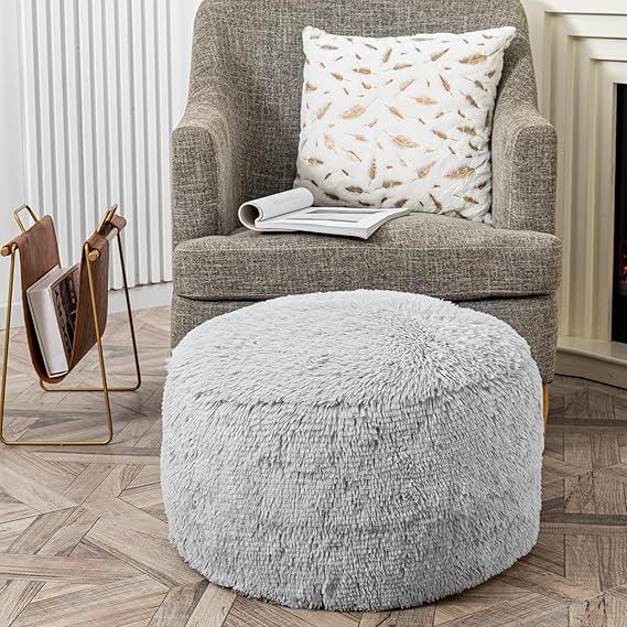 Asuprui Fur Ottoman Stool Unstuffed Footstool Cover Floor Pouf Foot Rest No Filler 20x20x12 Inches Round Poof Seat Foldable Floor Chair Storage for Living Room Bedroom Misty Gray Pouf Cover