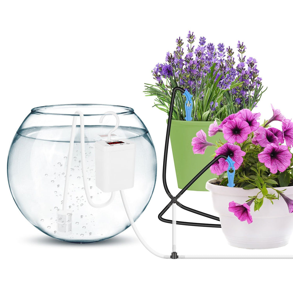 Automatic Plant Watering Device Indoor Drip Irrigation System with LCD Display Rechargeable Plant Watering Device Adjustable Timer for Up to 16 Drip Arrows Vacation Self Watering System for Houseplant
