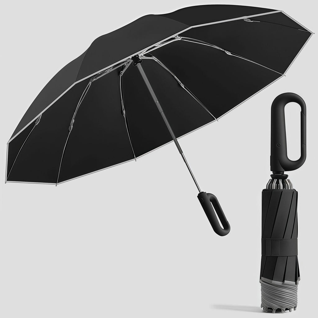 Automatic Reverse Folding Umbrella with Wrist Strap, Sun & Rain Umbrella with High-Reflective Trim, Windproof Sun Protection Parasol with Aluminum Alloy Frame and Black Coating