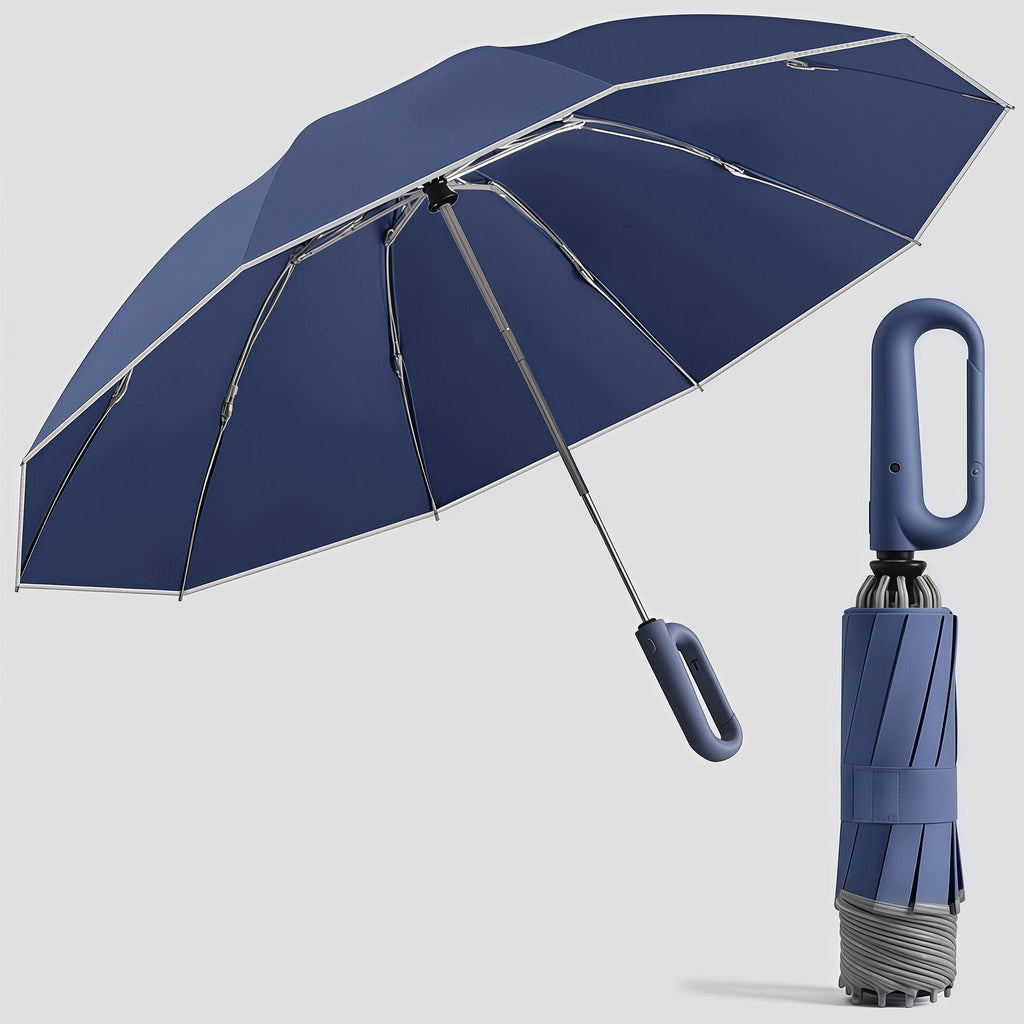 Automatic Reverse Folding Umbrella with Wrist Strap, Sun & Rain Umbrella with High-Reflective Trim, Windproof Sun Protection Parasol with Aluminum Alloy Frame and Black Coating