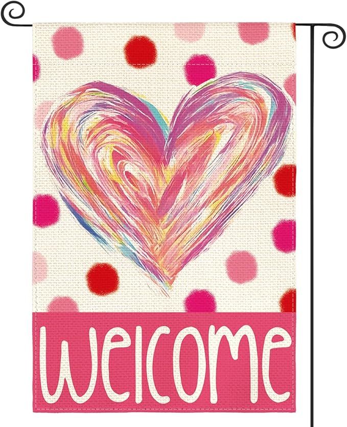 AVOIN colorlife Valentines Day Love Heart Garden Flag 12x18 Inch Double Sided Outside, Polka Dots Welcome Anniversary Yard Outdoor Flag