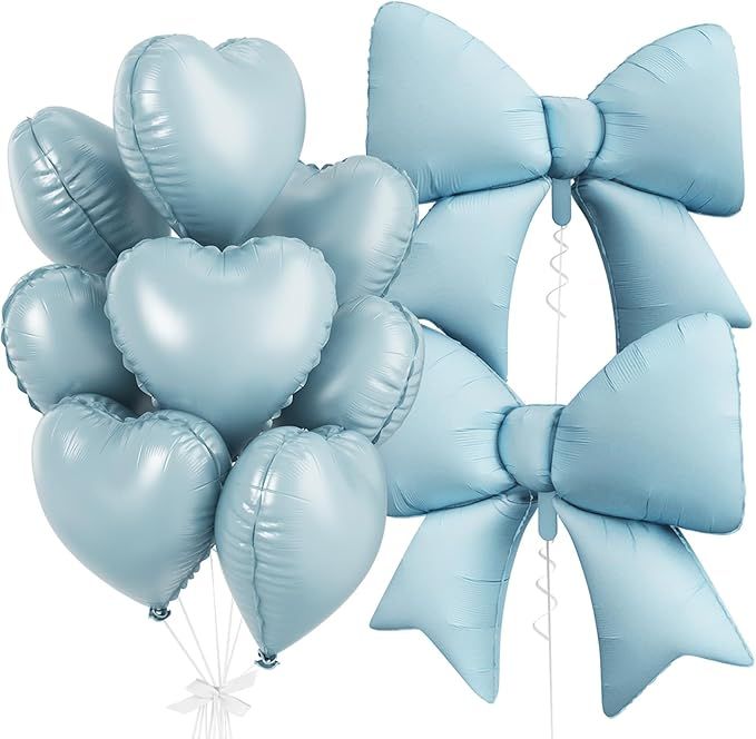 Baby Blue Heart Balloons, Foil Bow Balloons, 10Pcs 18 Inch Heart Shaped Balloon and 38 Inch Helium Light Blue Bow Foil Balloon for Girls Boys Birthday Valentines Baby Shower Bridal Wedding Decor