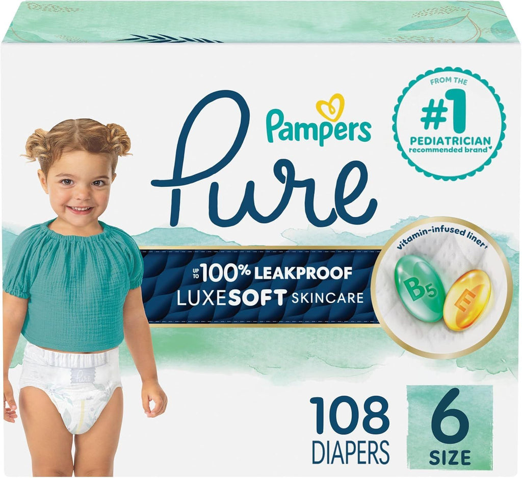 Baby Diapers, Size 6 (35+ lbs), 108, Up to 100% Leakproof, Premium Hypoallergenic Soft Diapers