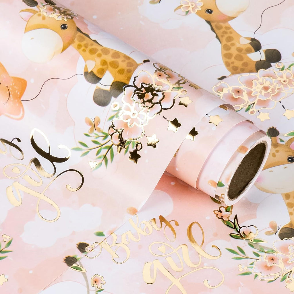 Baby Girl Paper Roll - Mini Roll - 17 Inch x 16.5 Feet - Gold Foil Cute Giraffe Design for Kids Girls Baby Shower, Birthday