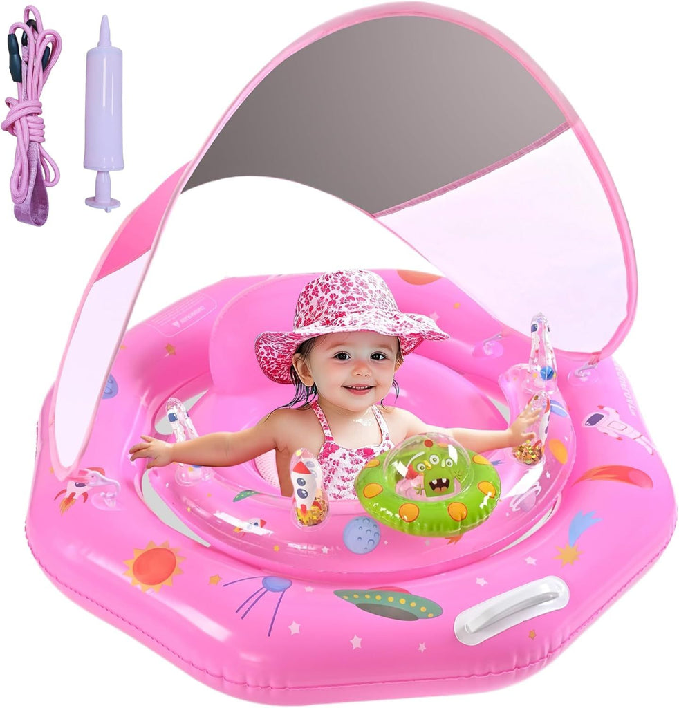 Baby Pool Float for 6-36 Months | Extra Wide Infant Pool Float with UPF50+ Sunshade & Toy Play Console | Baby Floatie with Adjustable Safety Seat, Detachable Canopy, Secure Handle & Safety Leash