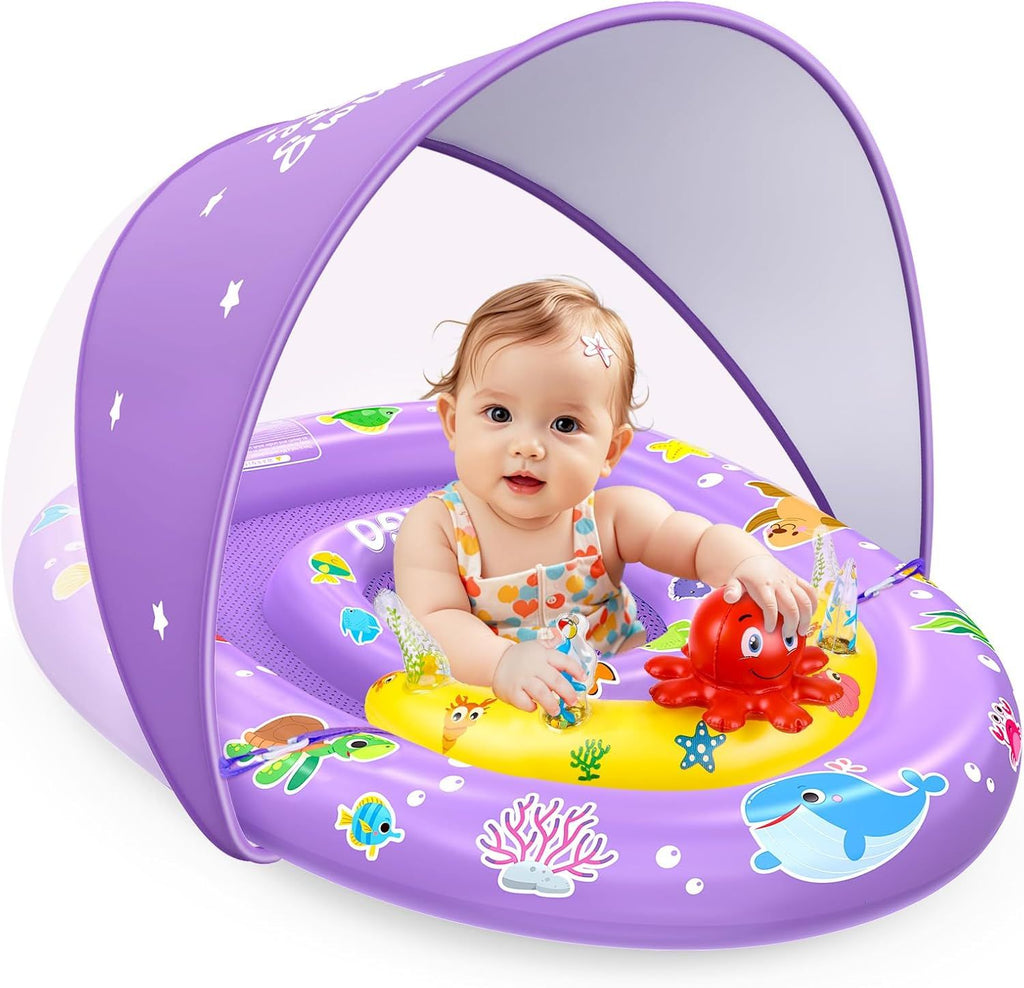 Baby Pool Float with Canopy UPF 50+ Sun Protection, Double Air Chambers Infants Swimming Floats with Sound Toys Adjustable Safety Seat Toddler Float for Boys and Girls 6-36 Months