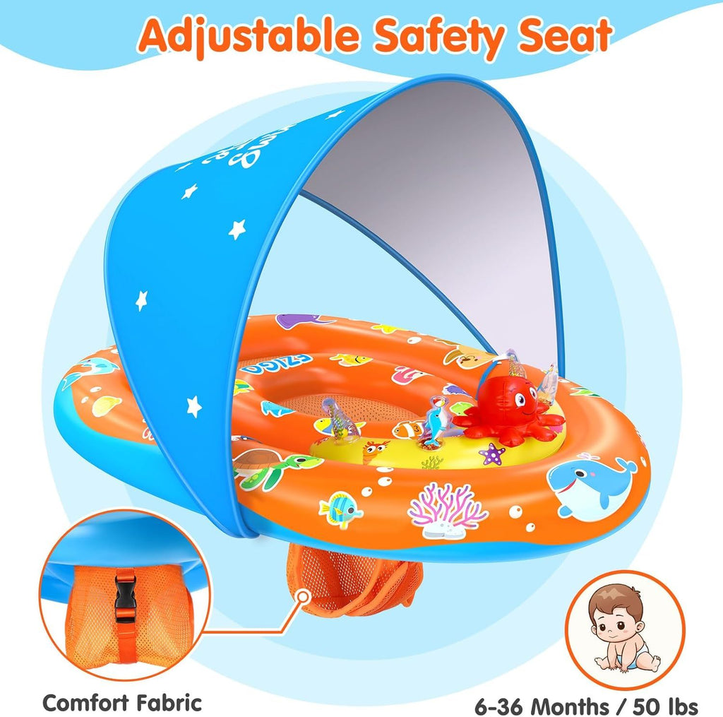 Baby Pool Float with Canopy UPF 50+ Sun Protection, Double Air Chambers Infants Swimming Floats with Sound Toys Adjustable Safety Seat Toddler Float for Boys and Girls 6-36 Months