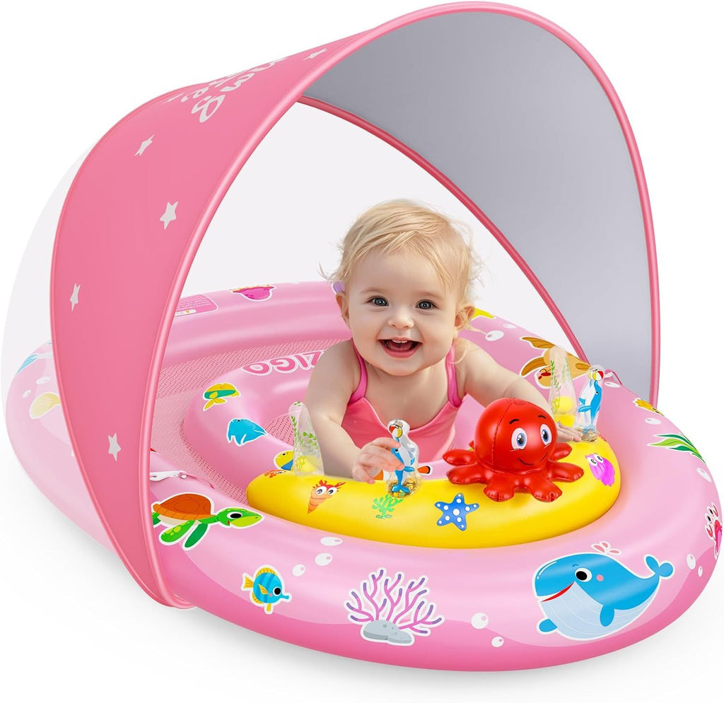 Baby Pool Float with Canopy UPF50+ Sun Protection, Inflatable Kids Pool Floats with Ocean Animal Toys for Baby 6-36 Months, Infant Swimming Float with Adjustable Safety Seat for Boys Girls